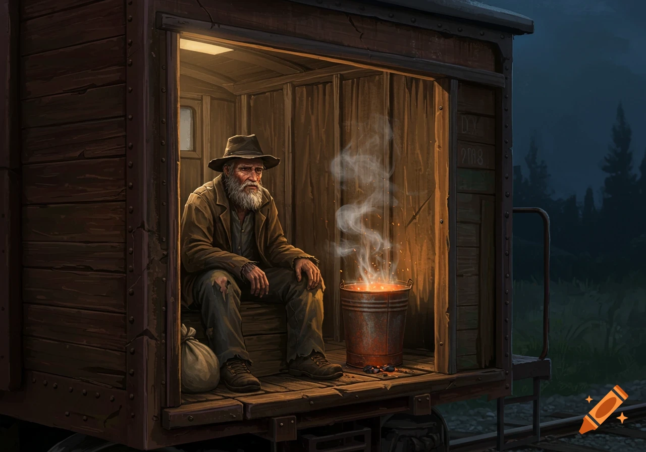 An old hobo with a long beard sits inside a dimly lit wooden train boxcar, warming himself by a glowing fire in a bucket.