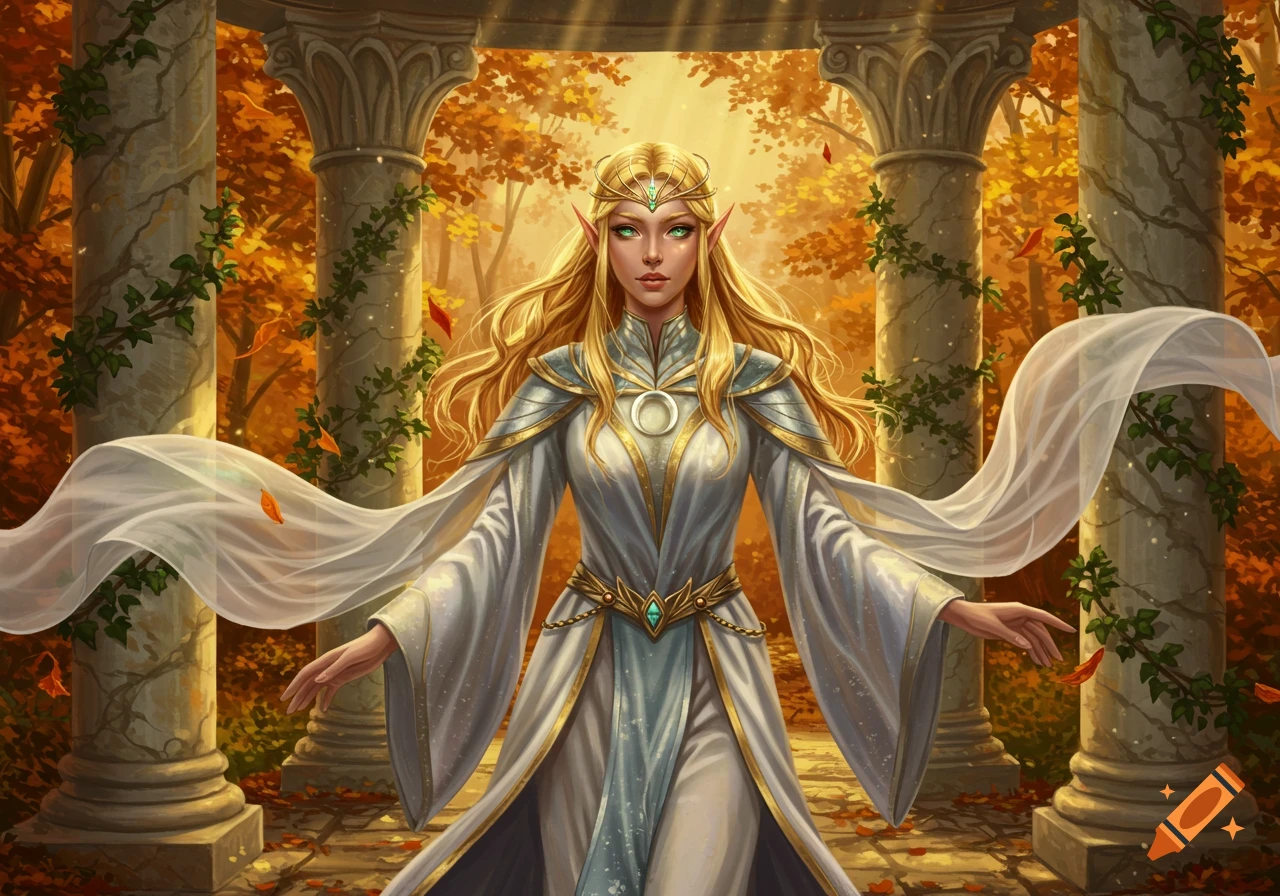 A blonde elven princess in a white and gold priestess outfit stands among sunlit autumn ruins with stone columns and falling leaves.