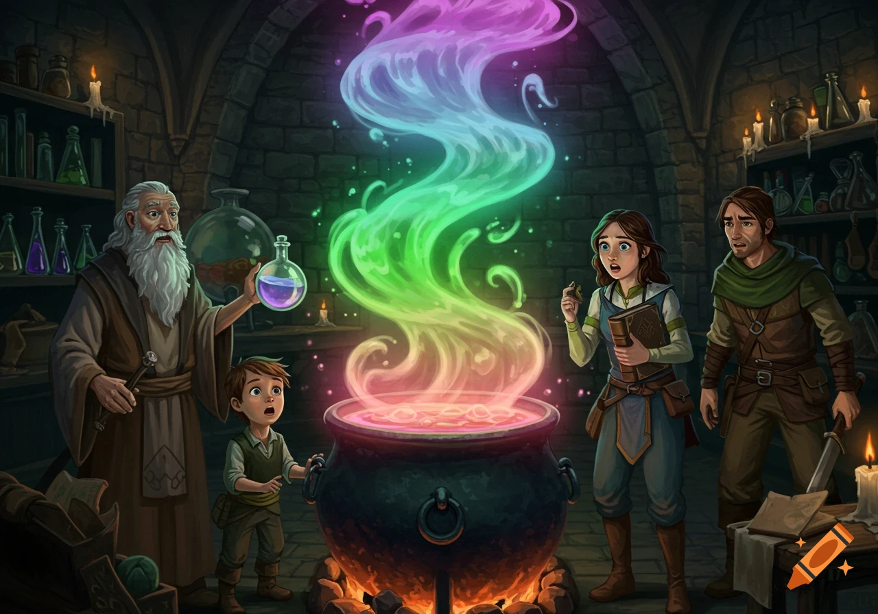 An old wizard, a young woman, a boy, and a man gather around a glowing, colorful cauldron in a magical stone room, looking surprised. Illustration.