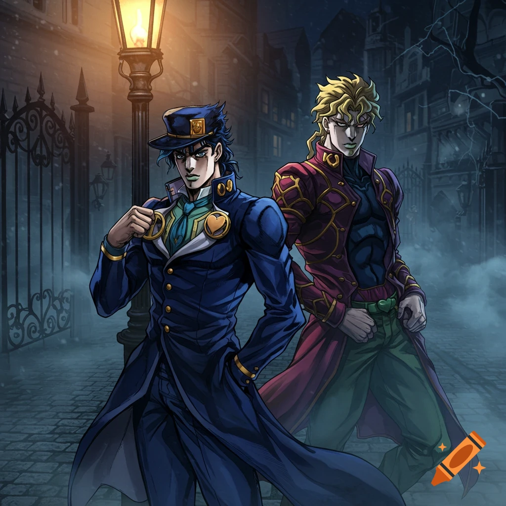 Two stylized male characters, one in a blue coat and the other in a red coat, stand on a misty cobblestone street at night under a gas lamp, in an anime style.