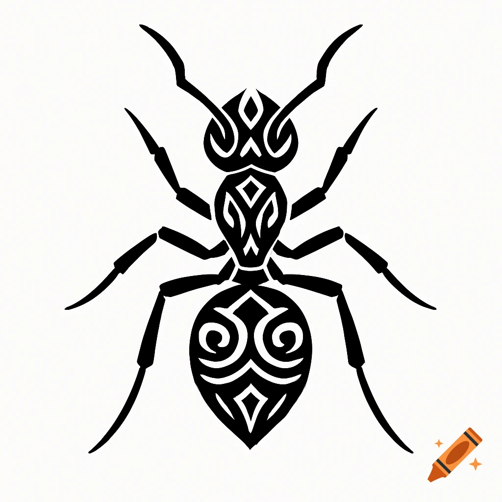 A black and white stylized tribal logo of an ant.