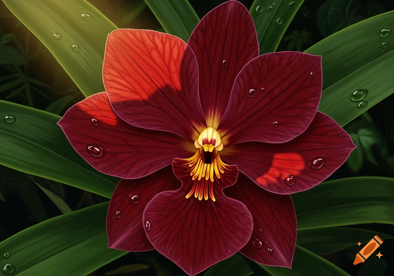 Close-up of a vibrant blood-red orchid with yellow details, covered in water droplets, against a dark green leaf background.