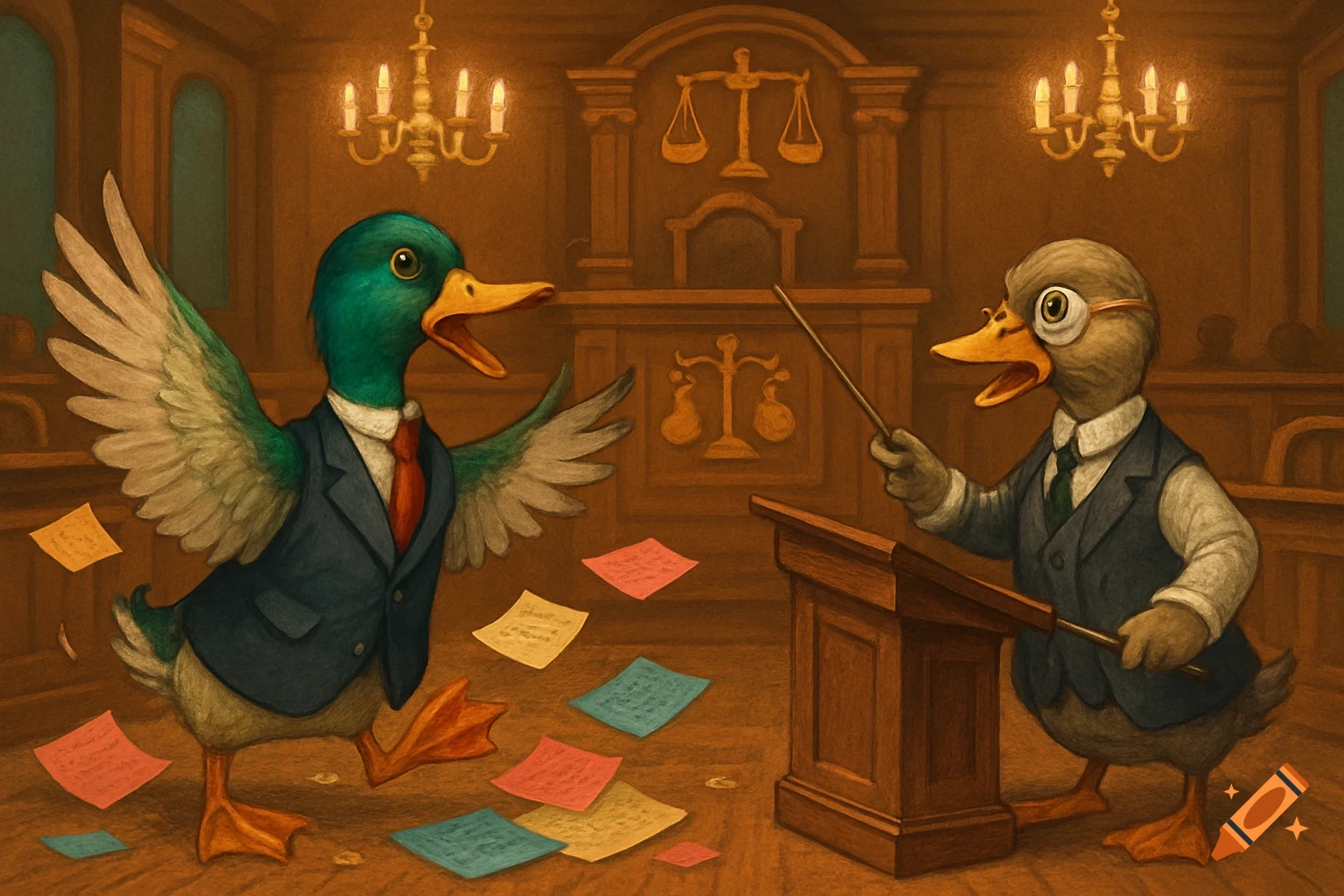 Two anthropomorphic ducks in suits arguing in a courtroom, one with flapping wings and the other at a podium with a monocle.
