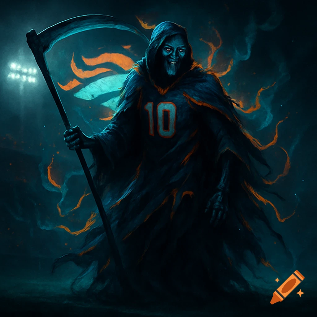 A grim reaper in a dark robe with '10' on its chest, holding a scythe against a dark, stadium-lit background with orange and teal accents.