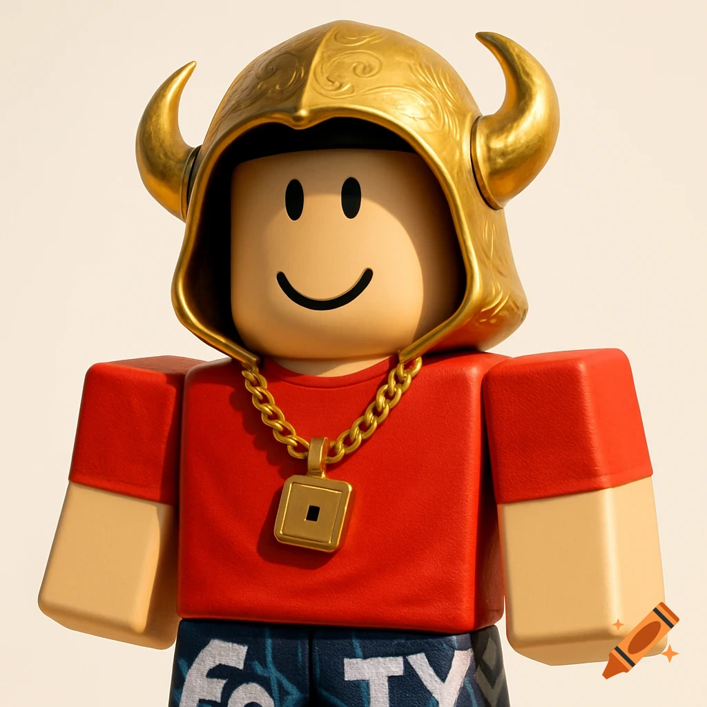 Close-up of a Roblox avatar wearing a red shirt, gold horned helmet, gold chain with premium logo, and blue pants with text.
