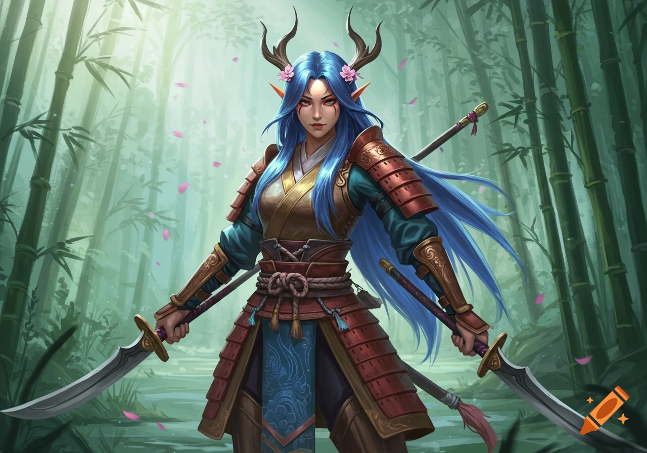 A blue-haired female wood elf warrior with horns, in samurai armor, holding dual swords in a mystical bamboo forest.