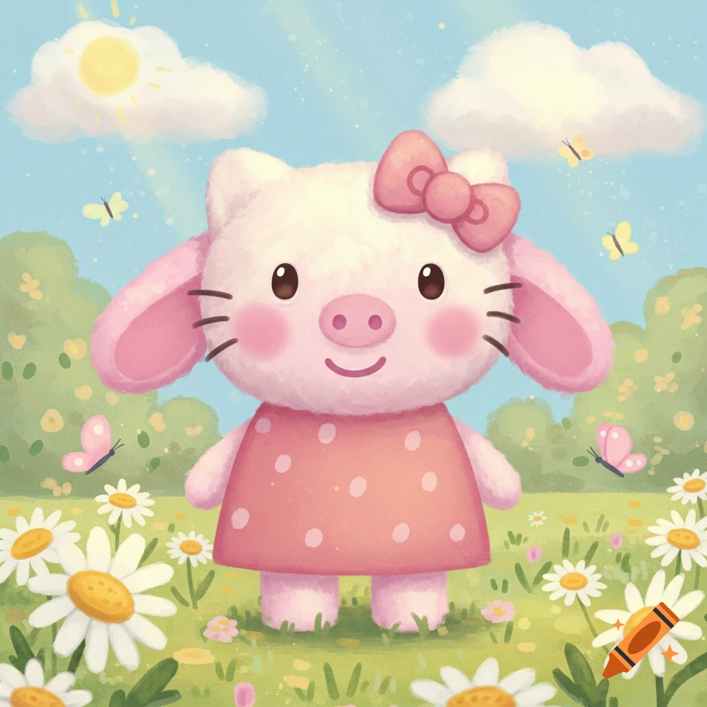 Cute cartoon pig-cat character with a pink bow and polka-dot dress in a sunny field of daisies and butterflies, watercolor style.