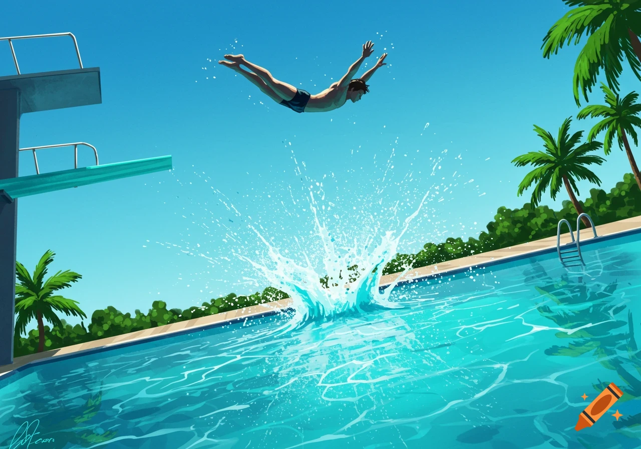 An illustration of a man diving from a diving board into a swimming pool, creating a large splash. Palm trees are visible in the background under a clear blue sky.