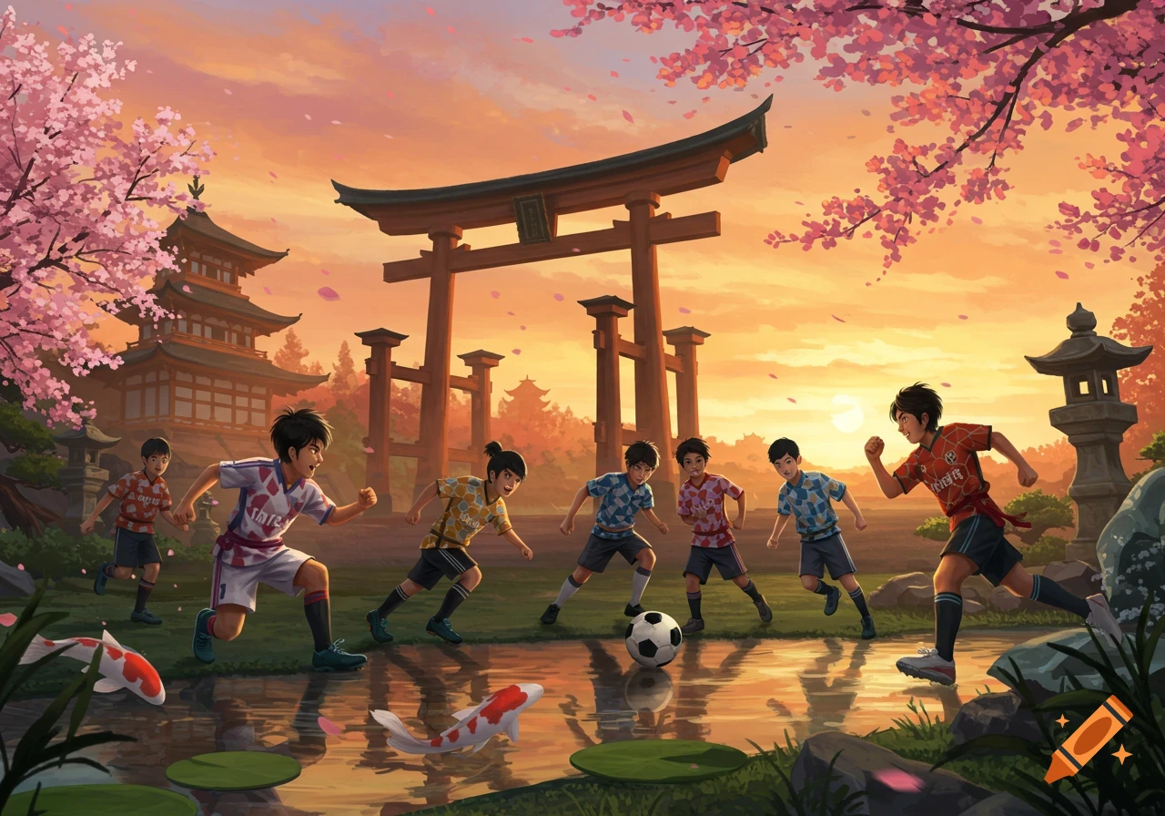Anime illustration of children playing soccer by a pond with koi fish, Japanese torii gate and pagoda, cherry blossoms at sunset.