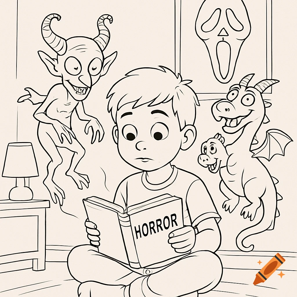 Black and white line art of a boy reading a 'HORROR' book, with playful monsters floating around and a Scream mask poster. Coloring page.
