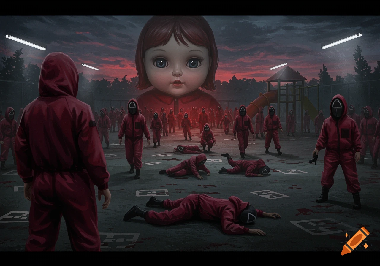 A dark, stylized scene from Squid Game with a giant doll overlooking a playground filled with red-suited figures, some lying on the ground.