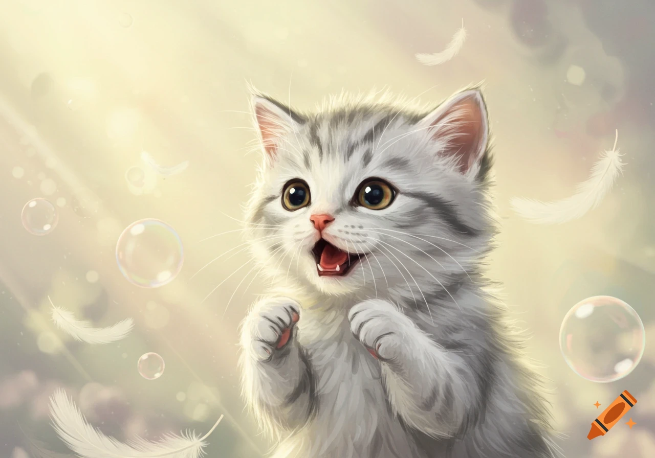 A cute fluffy grey and white tabby kitten with big eyes and open mouth, surrounded by bubbles and white feathers, in a digital painting style.