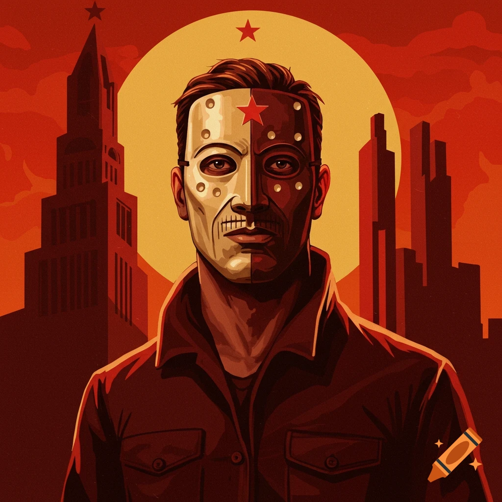Soviet realism portrait of a man in a split metal mask with a red star, against a red sky, yellow sun, and dark city buildings.