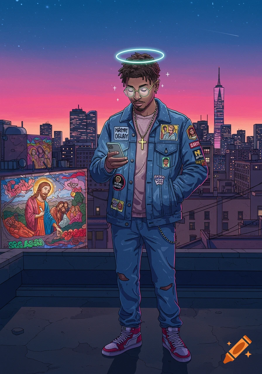 A cartoon-style image of a young man with dreadlocks, glasses, and a neon halo, wearing a denim jacket and jeans, looking at his phone on a city rooftop at sunset. Religious-themed graffiti and posters are visible on the surrounding walls, and a city skyline is in the background.