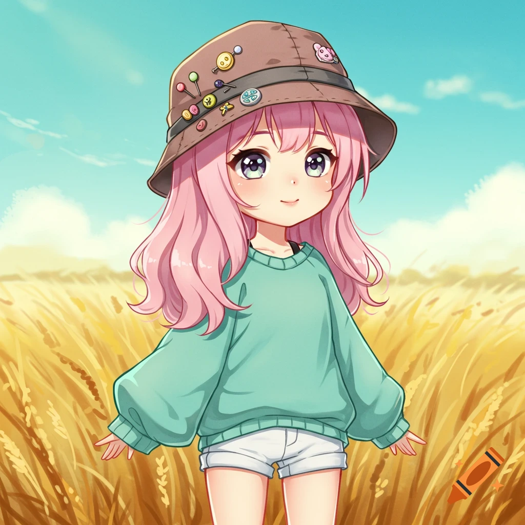 Cute anime girl with pink hair, boonie hat, mint green sweater, white shorts, standing in a golden wheat field under a blue sky.