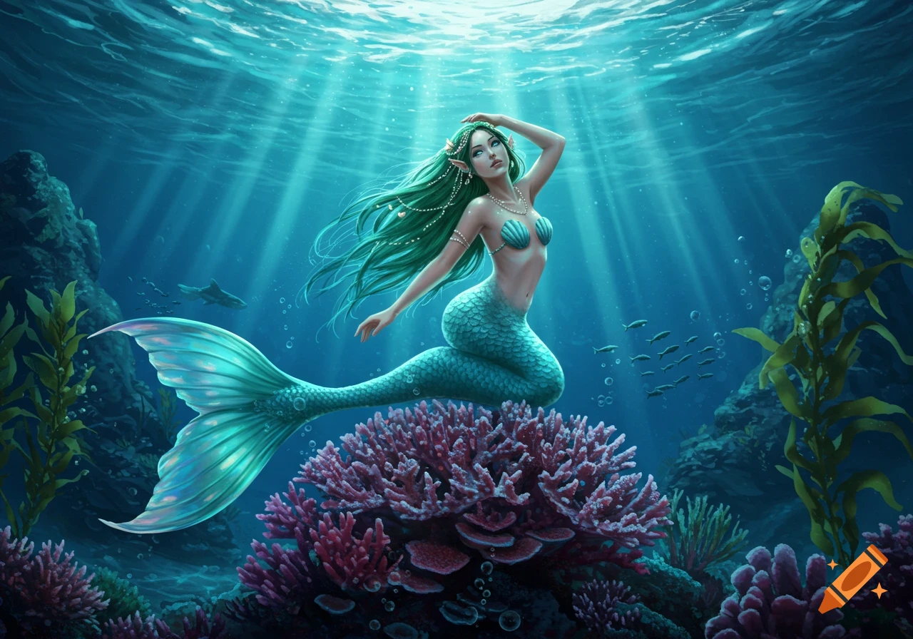 A beautiful mermaid with long green hair and a blue tail sits on vibrant coral in a sunlit underwater scene.