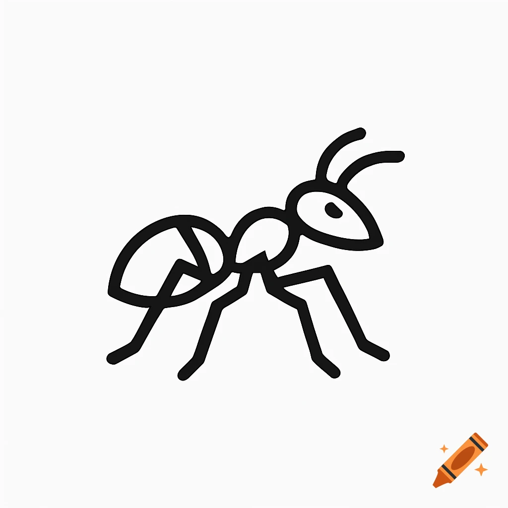 Minimalist black outline icon of an ant on a white background.