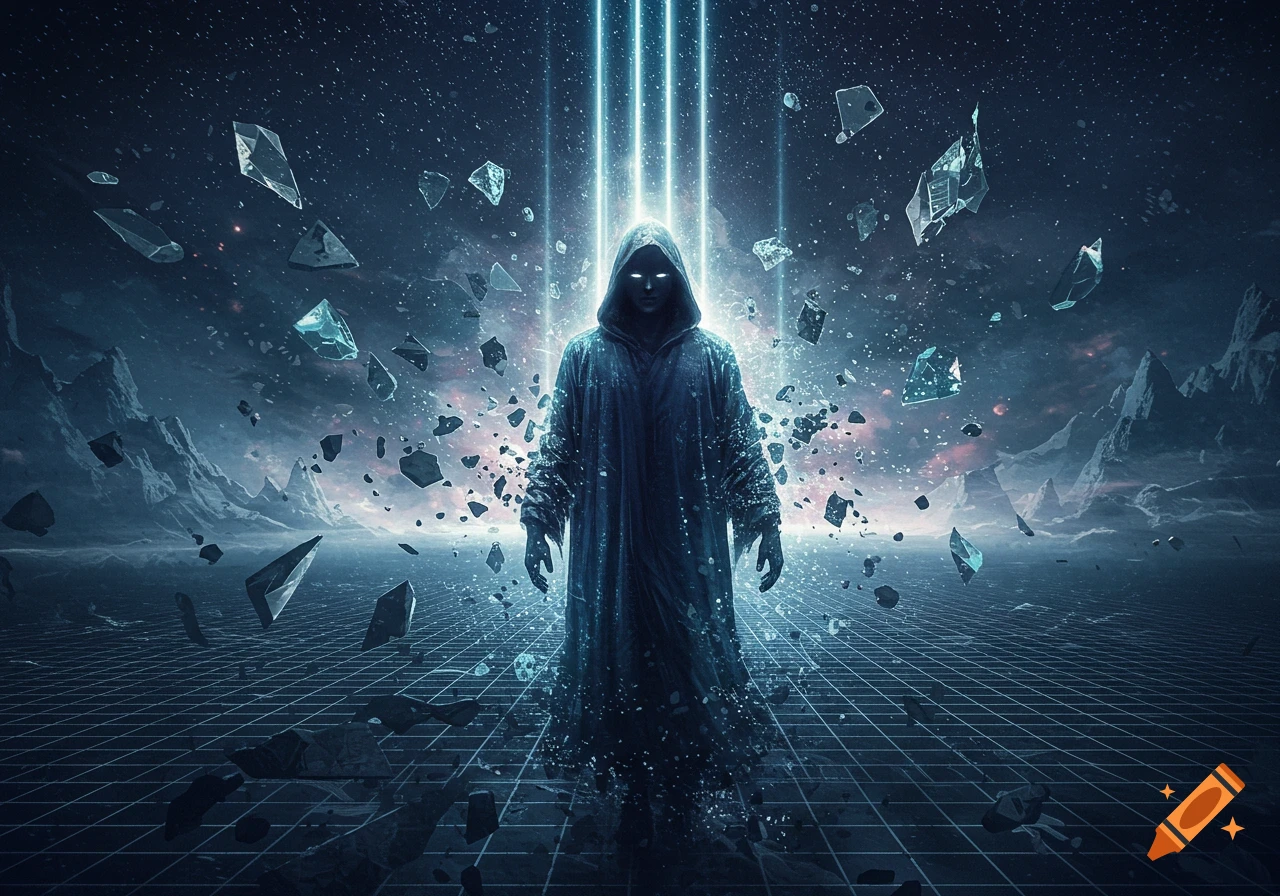 A mysterious robed figure with glowing eyes stands on a grid, surrounded by floating shards in a dark cosmic realm.