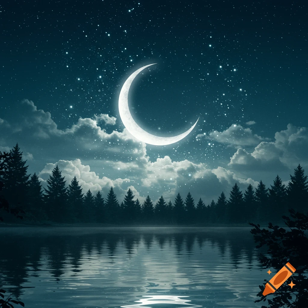 A mystical night landscape with a bright crescent moon, stars, and clouds reflecting on a calm lake surrounded by pine trees.