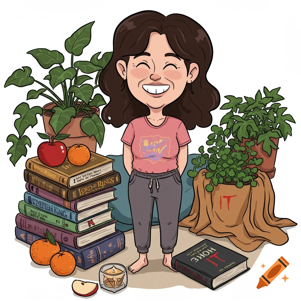 A cartoon woman with dark hair, smiling and wearing a pink t-shirt and grey jogging pants, surrounded by stacks of books, potted plants, and fruit.