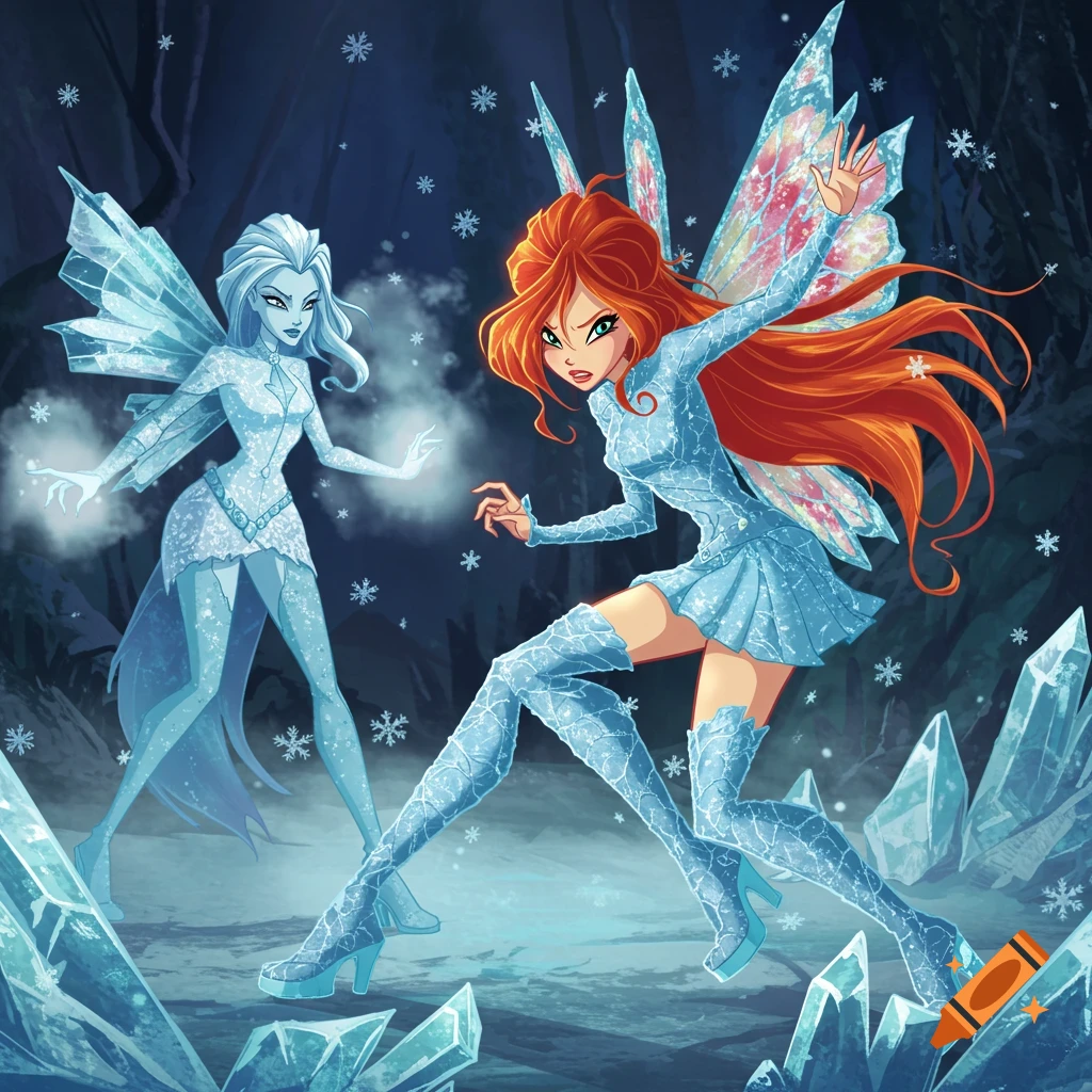 Anime fairies Bloom and Icy battling in an icy cavern, surrounded by ice crystals and falling snow.