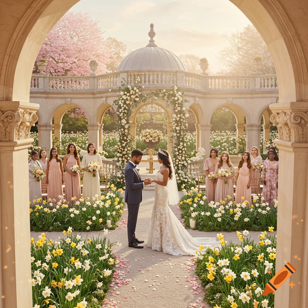 Photorealistic image of a multiracial couple exchanging rings at an outdoor garden wedding, surrounded by daffodils and ornate architecture under soft sunlight.