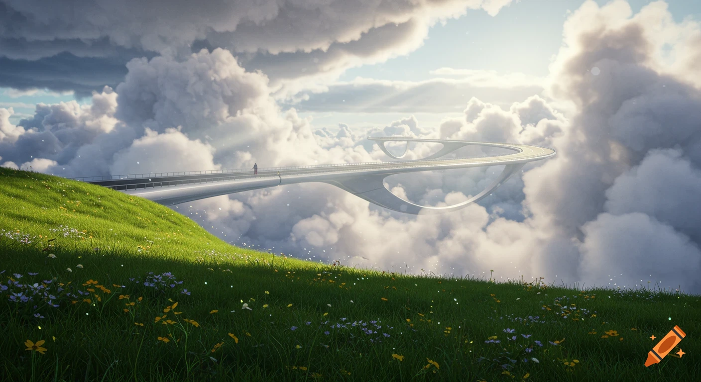 A futuristic bridge curving through fluffy white clouds above a vibrant green, flowered hillside, bathed in sunlight.