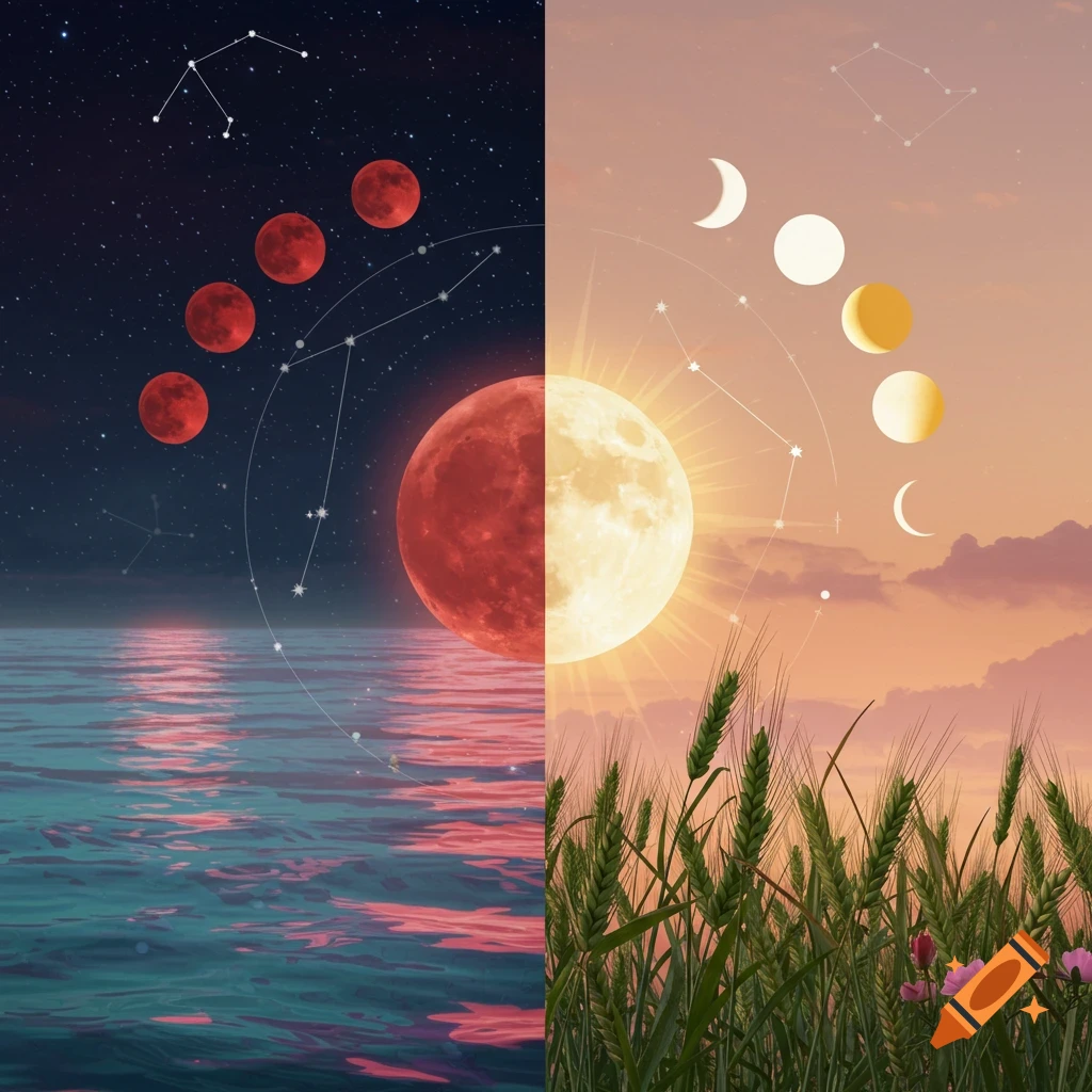 Vibrant split-scene illustration of celestial events: red moon over ocean with constellations, sun over wheat with moon phases.
