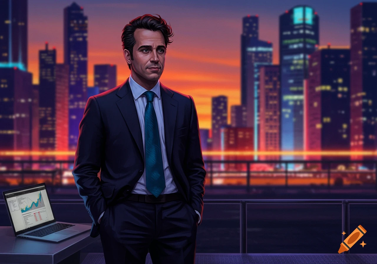 A man in a suit stands on a city rooftop with a laptop at sunset, digital art style.