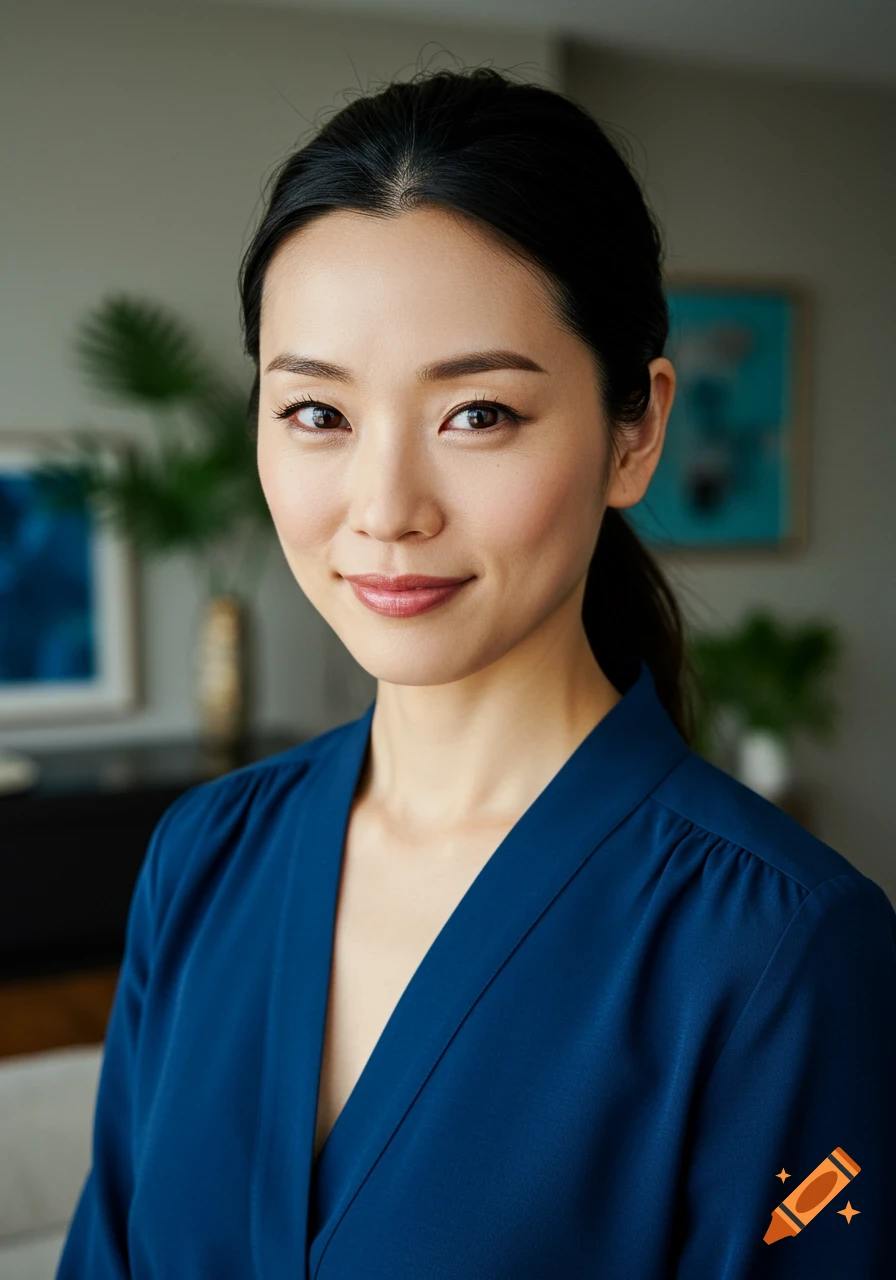 Photorealistic portrait of a smiling Asian woman in a blue top, looking at the camera, with a blurred office background.