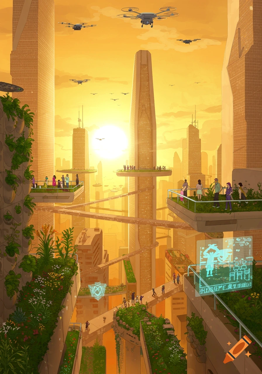 An illustrated futuristic city glows golden at sunset, with tall buildings, elevated walkways, lush vertical gardens, drones, and people.