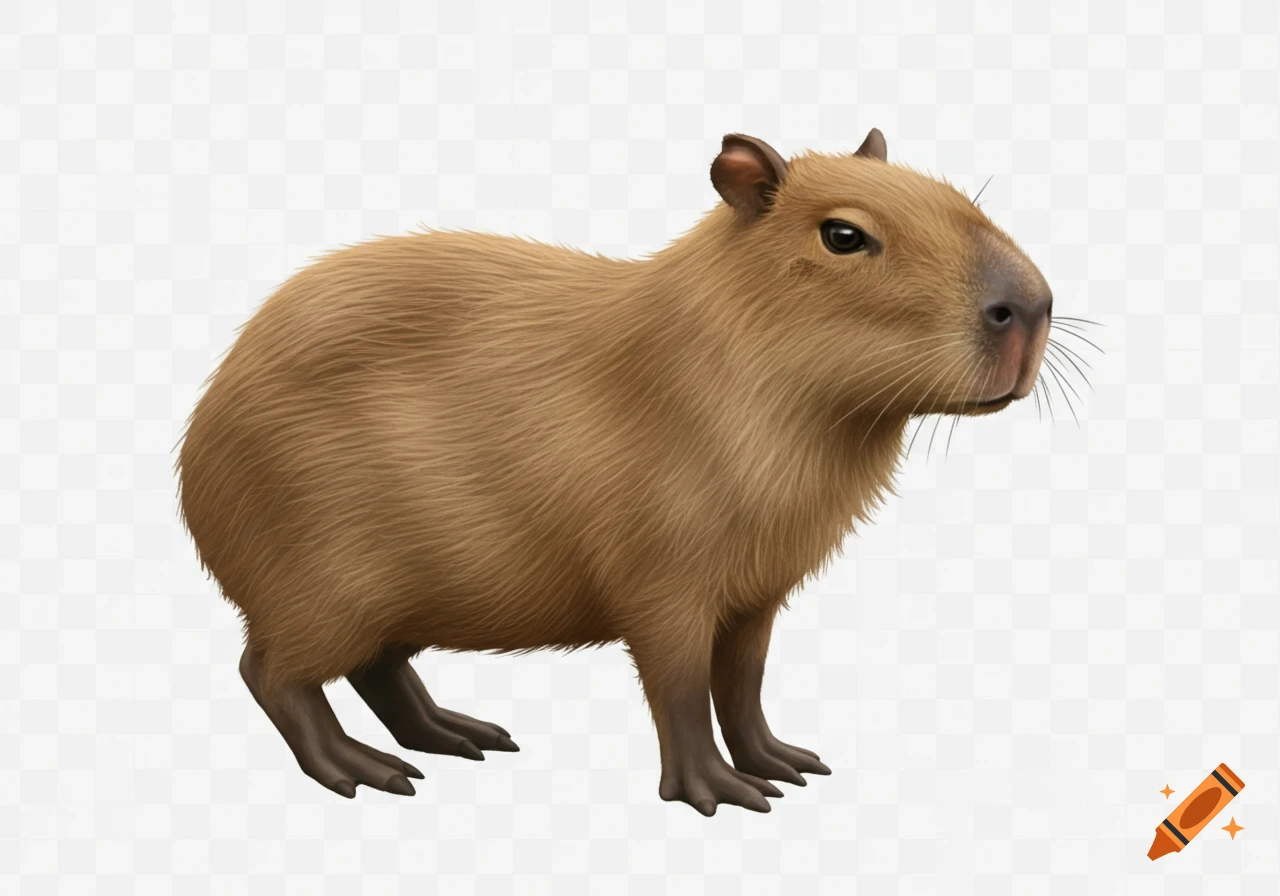 A photorealistic capybara stands on a transparent background, looking to the right.