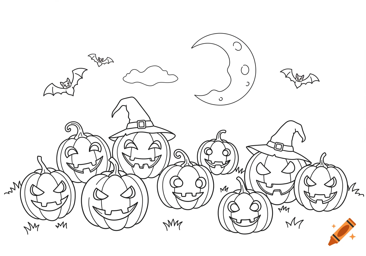 Black and white coloring book drawing of a Halloween scene with grinning jack-o'-lanterns, bats, a cloud, and a crescent moon.