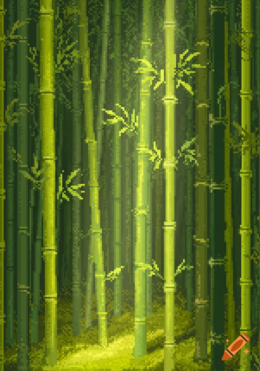 A vibrant pixel art illustration of a dense bamboo forest with light filtering through the stalks.