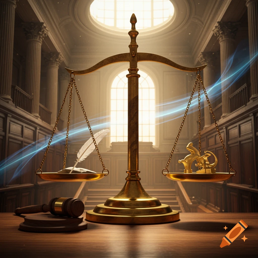 Golden scales of justice with a feather and a stylized symbol, a gavel on a table in a grand courthouse.