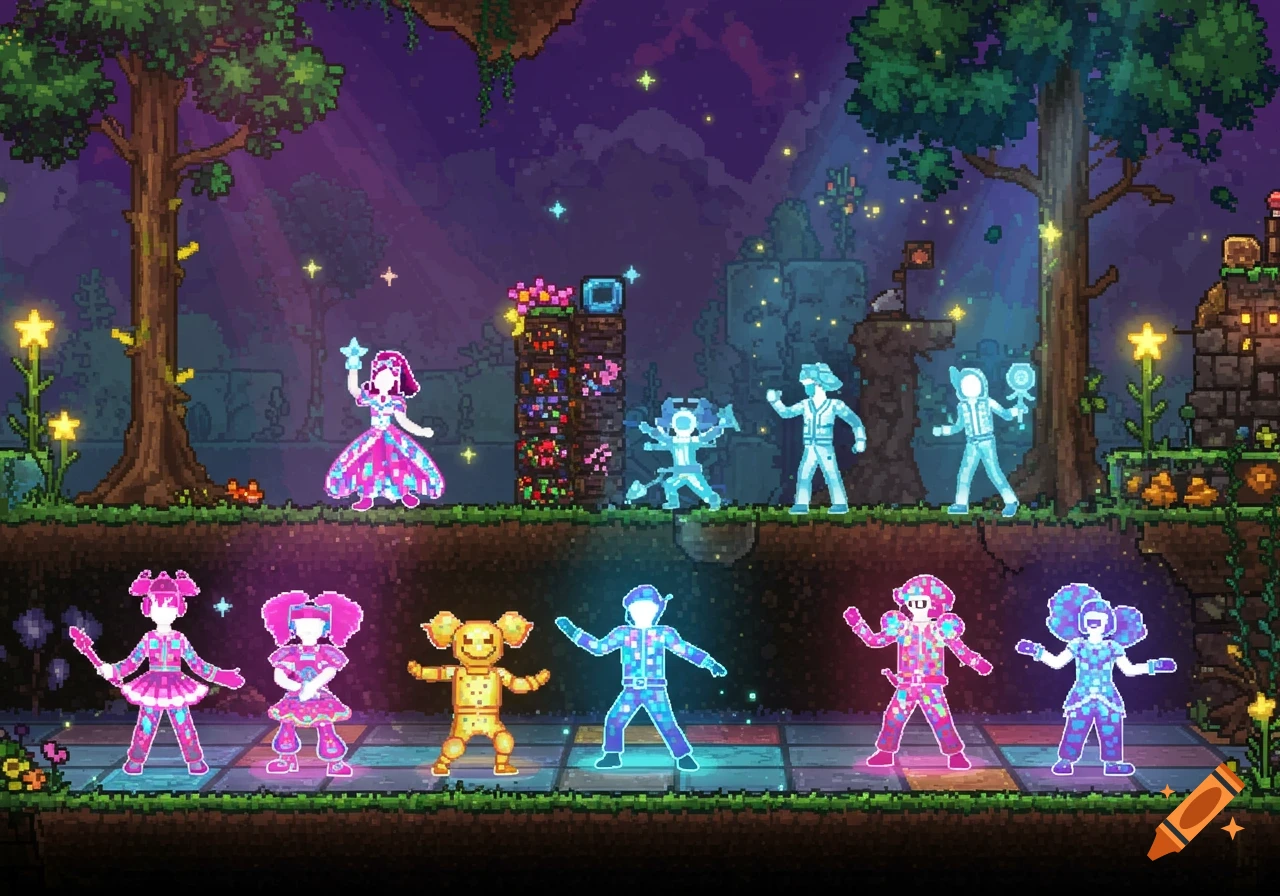 Pixel art landscape with multiple glowing, colorful characters in dance poses, inspired by Terraria and Just Dance.