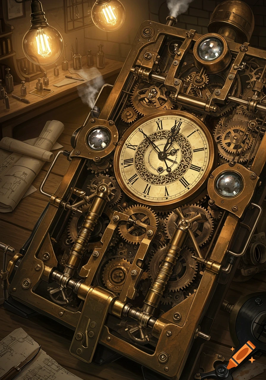 Intricate steampunk clock mechanism with brass gears and glowing light bulbs, set on a workbench with blueprints.