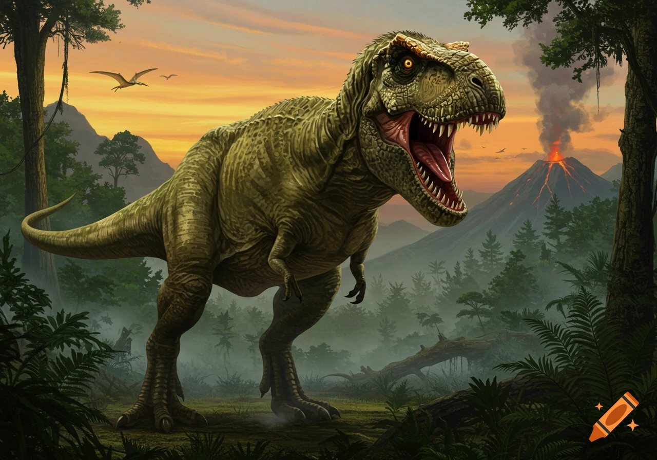 A roaring T-Rex stands in a lush prehistoric jungle with an erupting volcano under an orange sunset sky and flying pterosaurs.