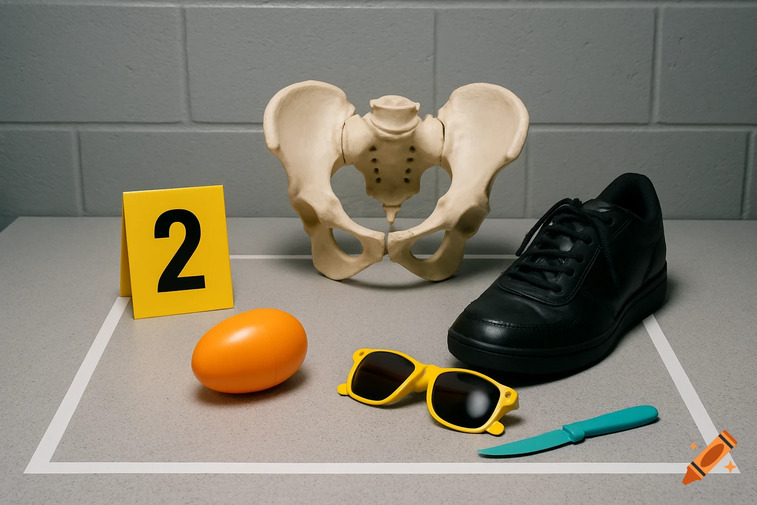 A photorealistic forensic still life showing a pelvis model, black shoe, orange egg, yellow sunglasses, turquoise knife, and an evidence marker with '2' on a gray counter.