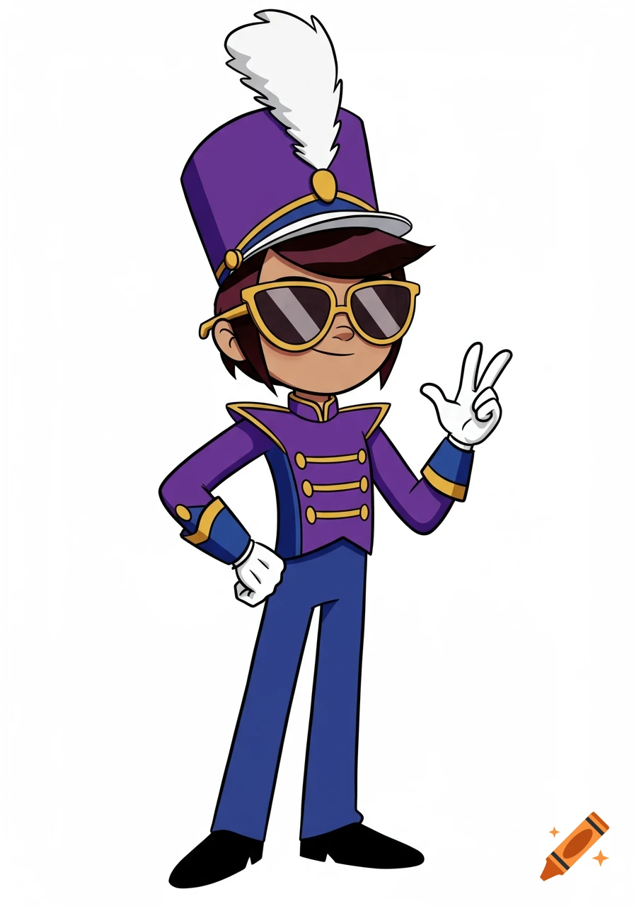 Cartoony Molly McGee in a purple and blue marching band uniform with a shako, white plume, and sunglasses, making a peace sign.