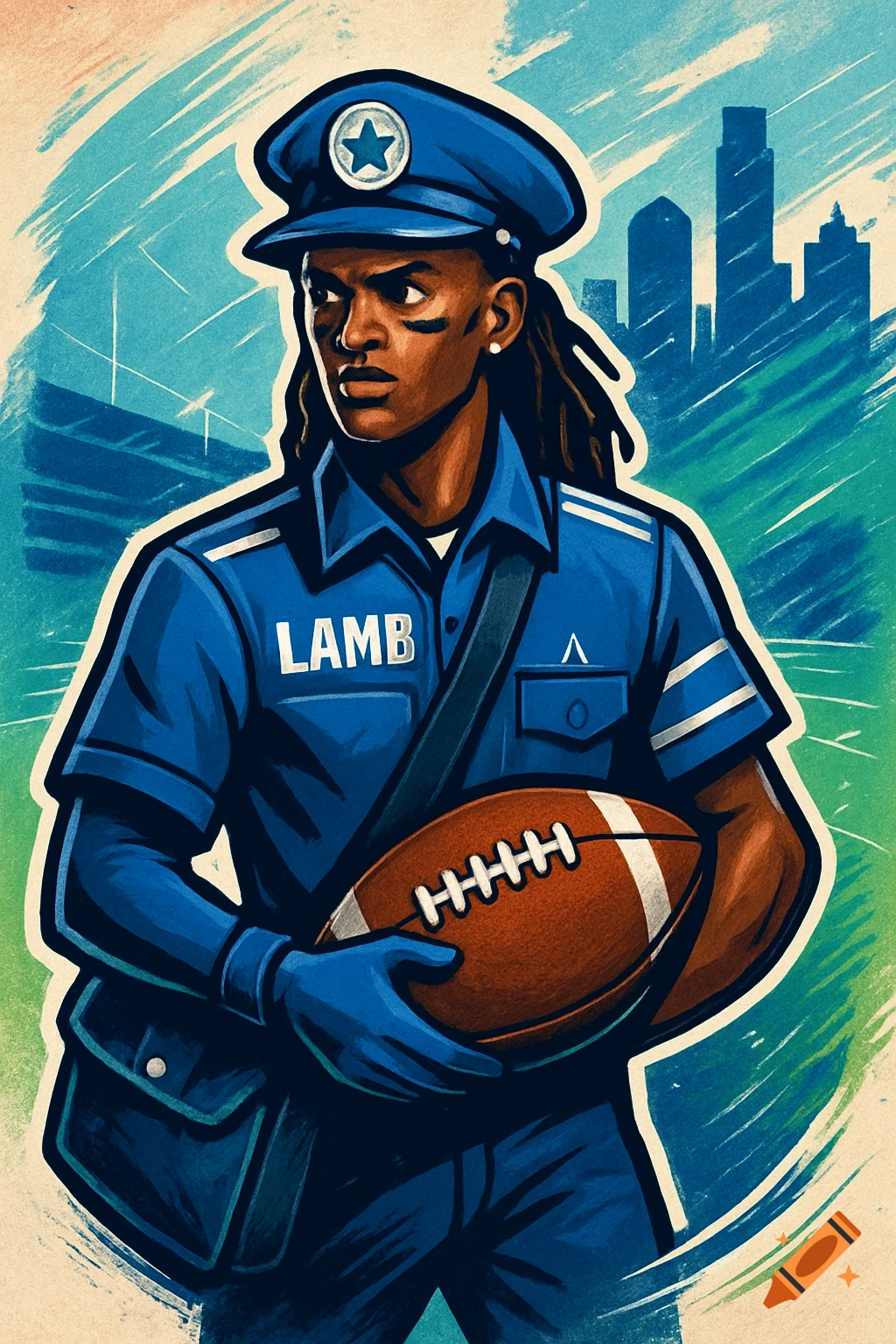 Stylized digital art of a man resembling Ceedee Lamb in a blue mailman uniform holding a football, with a city skyline and stadium in the background.