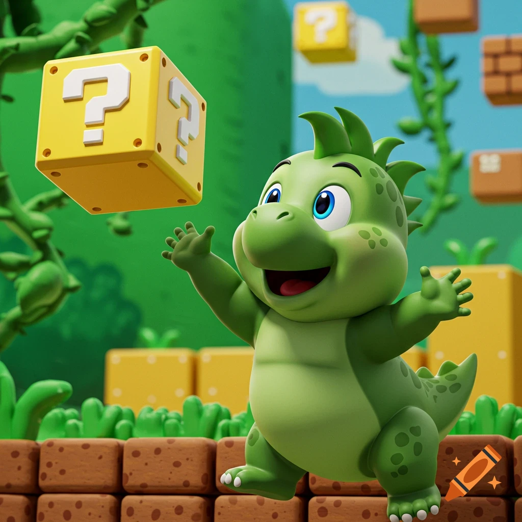 A cute green cartoon baby dinosaur, similar to Baby Sinclair, reaches for a yellow Super Mario Bros. question block in a vibrant video game setting.