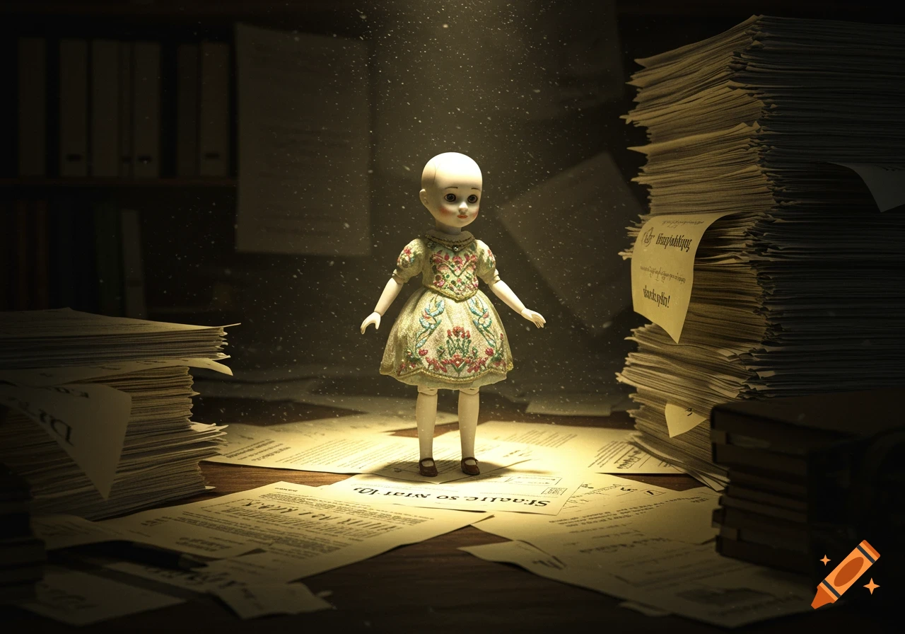 A vintage doll stands on a dark desk under a spotlight, surrounded by tall stacks of papers.
