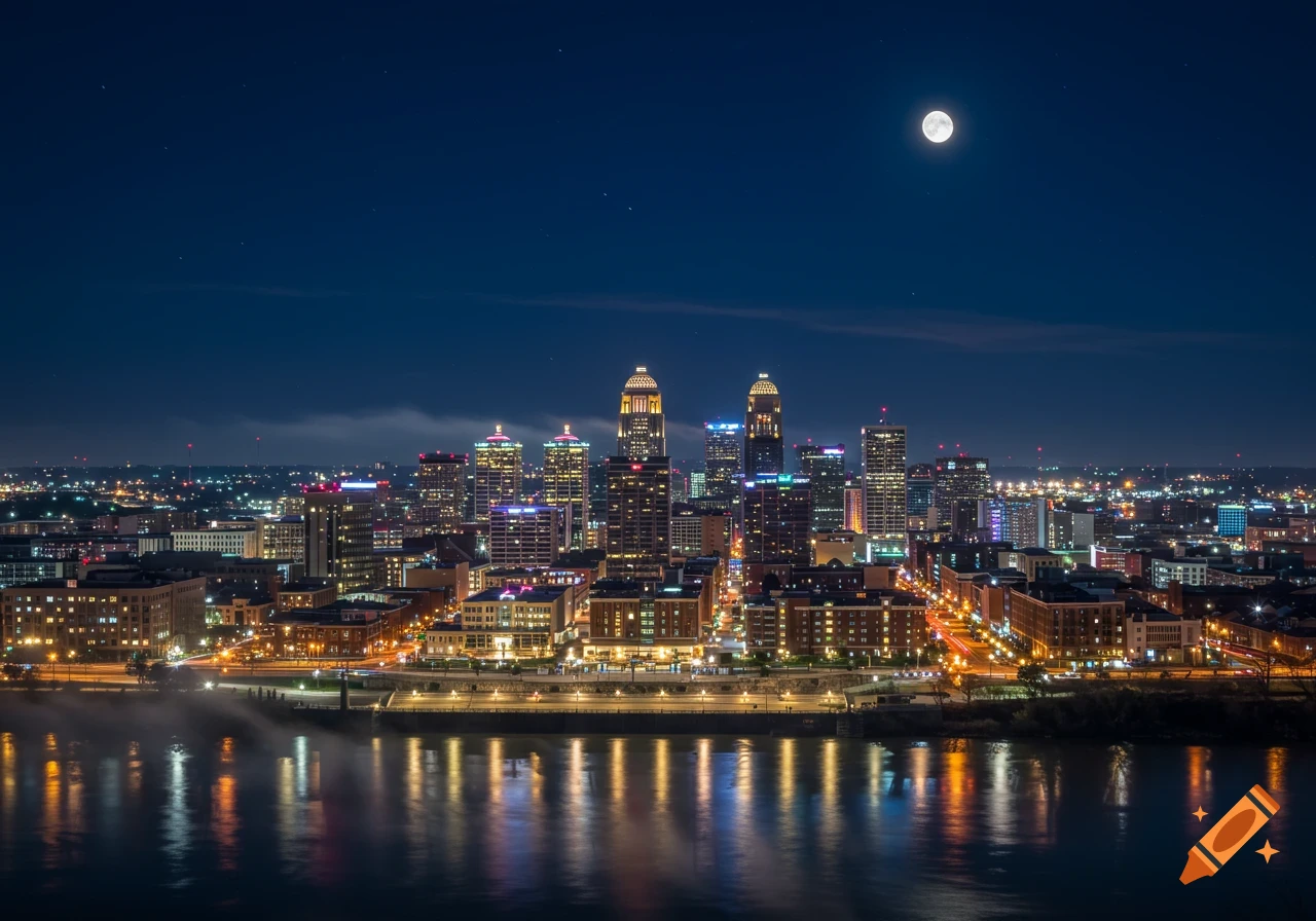 A vibrant Louisville, Kentucky downtown skyline at night, with illuminated buildings reflecting in the river under a full moon.