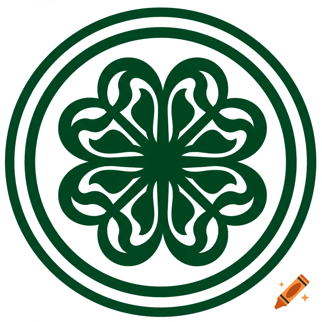 A dark green stylized four-leaf clover emblem with intricate scrollwork, inside a double circular border.