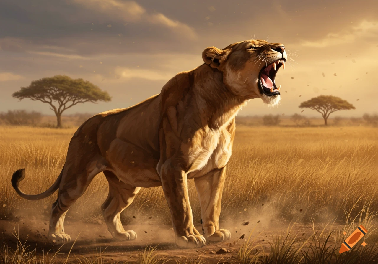 A photorealistic lioness roars, mouth wide open, in a golden savanna at sunset, dust rising around her paws.