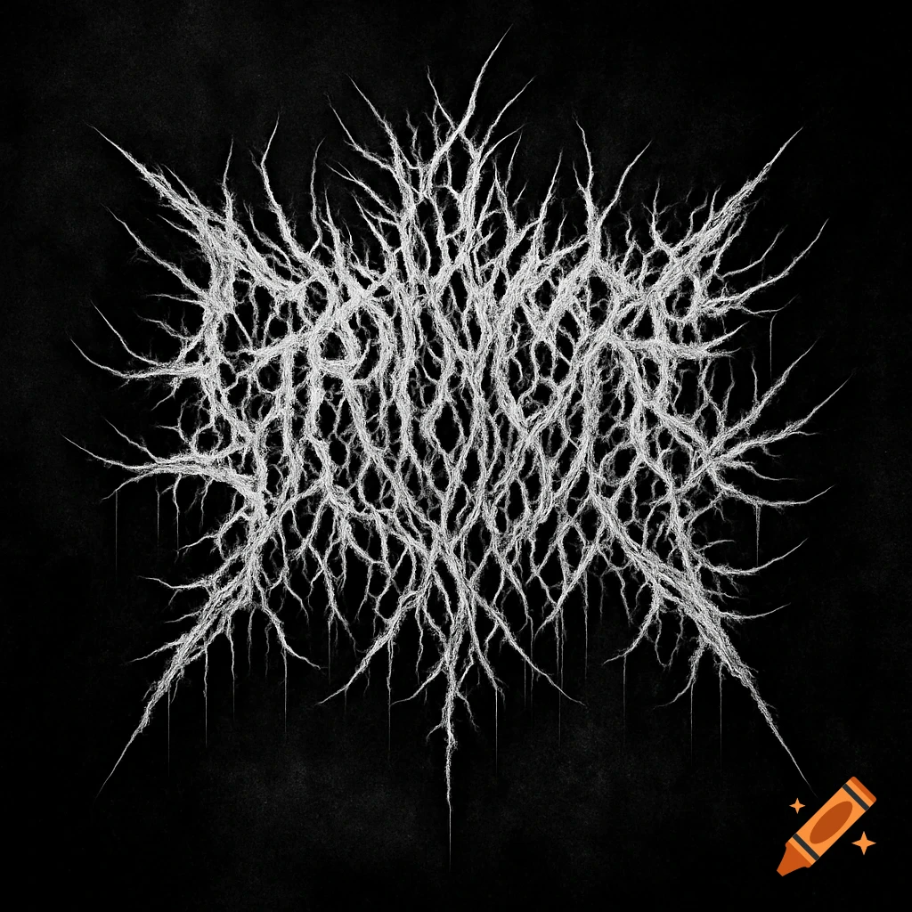 Intricate, abstract white grindcore band logo with gnarled, root-like textures on a dark background.