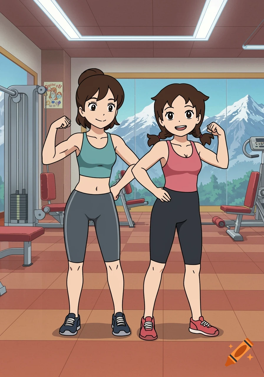 Two animated women in a Japanese cartoon style flex their biceps in a gym.