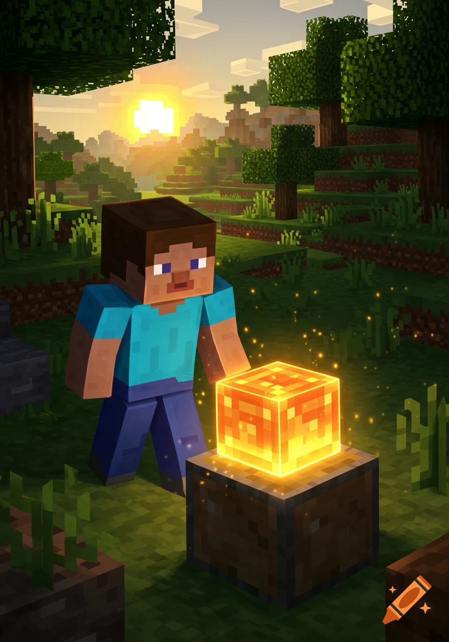 Minecraft Steve stands in a blocky forest at sunset, looking at a glowing orange command block on a pedestal.