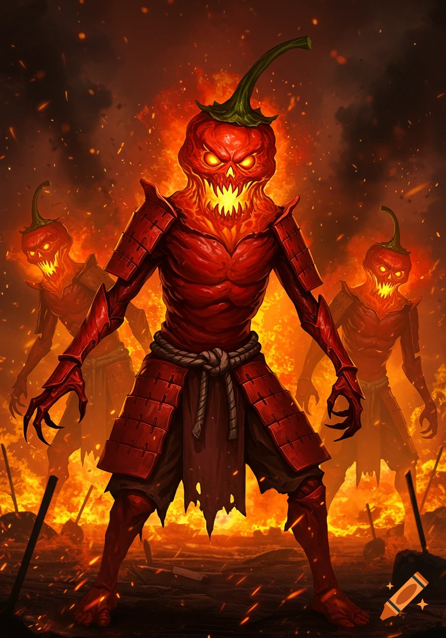Three glowing red ghost pepper samurai zombies stand in a fiery, smoke-filled battlefield.